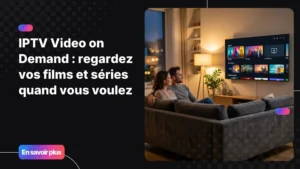 Interface IPTV video on demand sur grand écran Smart TV dans un salon moderne
