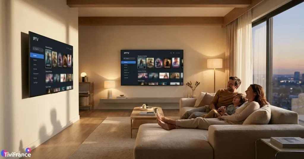 Famille regardant un abonnement IPTV sur Smart TV dans un salon moderne