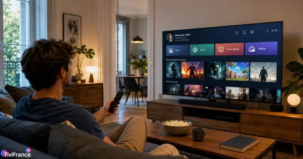 Abonnement IPTV France testé sur Smart TV dans un salon moderne