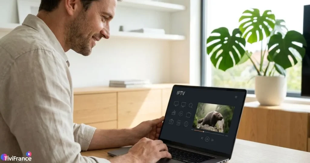 Homme testant un abonnement IPTV premium sur ordinateur portable à domicile