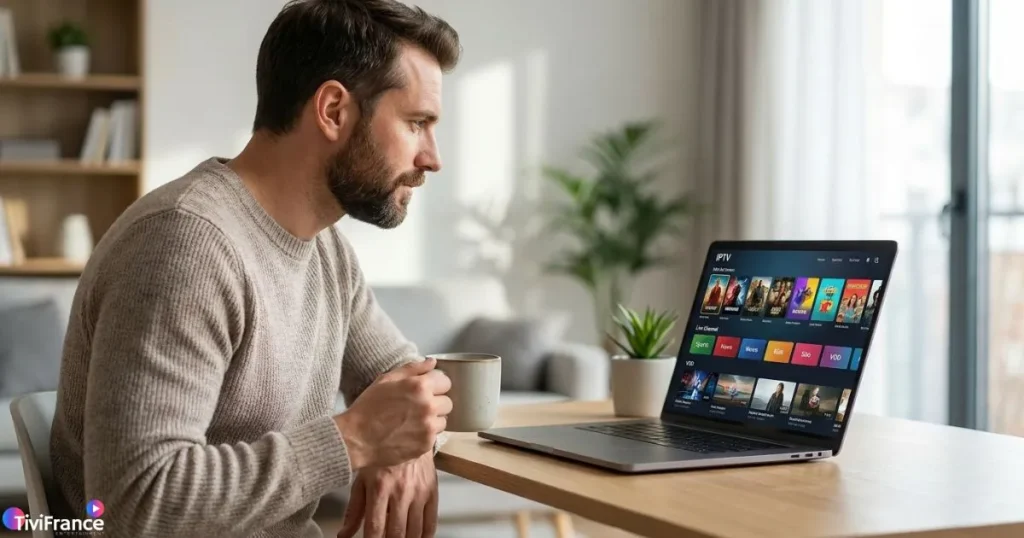 Personne testant un fournisseur IPTV sur son ordinateur portable avant de choisir son abonnement
