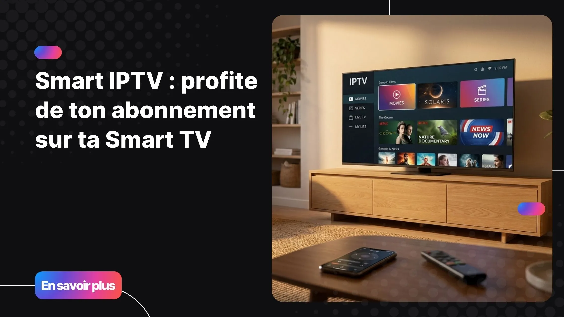 Famille profitant de smart iptv sur une Smart TV avec une interface moderne et fluide dans un salon contemporain.