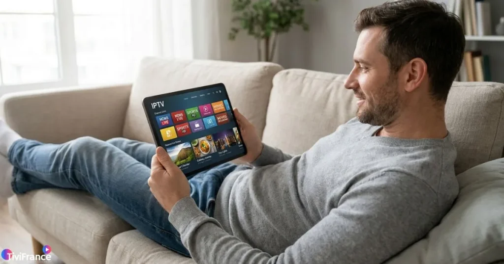 Homme regardant des chaînes TV en direct sur une tablette depuis son canapé grâce à une IPTV avec abonnement