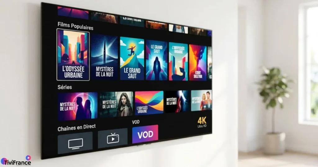 Interface IPTV Premium en 4K affichée sur un grand écran plat