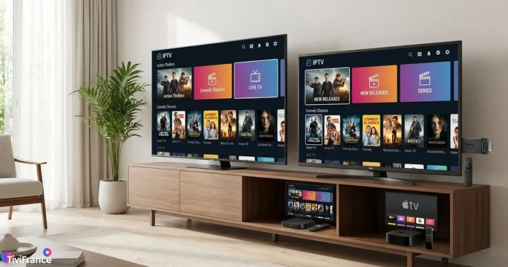 Différents écrans compatibles avec smart iptv : Smart TV Samsung, LG, Android TV, Fire TV et Apple TV affichant une interface IPTV moderne.