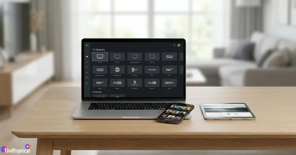 Plusieurs appareils compatibles avec une offre IPTV multi-appareils posés sur une table : Smart TV, smartphone et ordinateur portable