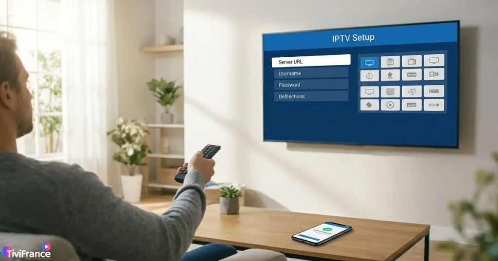 Configuration d’une application Smart IPTV sur une Smart TV avec une interface claire et des paramètres bien visibles.