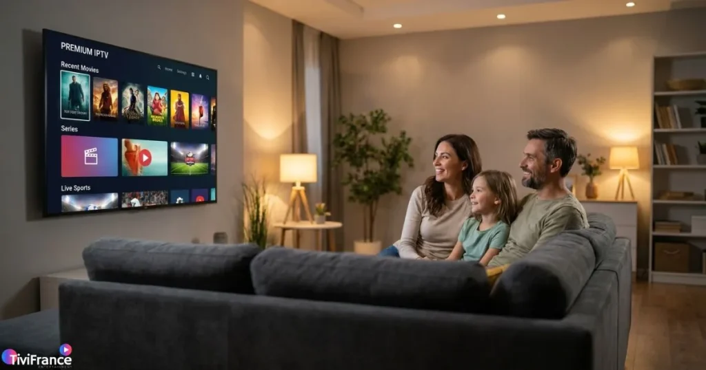 Famille réunie dans un salon regardant un abonnement IPTV premium sur une grande Smart TV avec une qualité d'image 4K