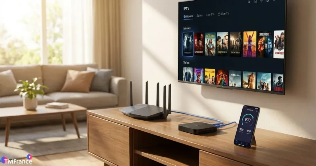 Connexion Internet stable pour profiter de smart iptv en haute qualité sur une Smart TV avec routeur et boîtier Android TV.