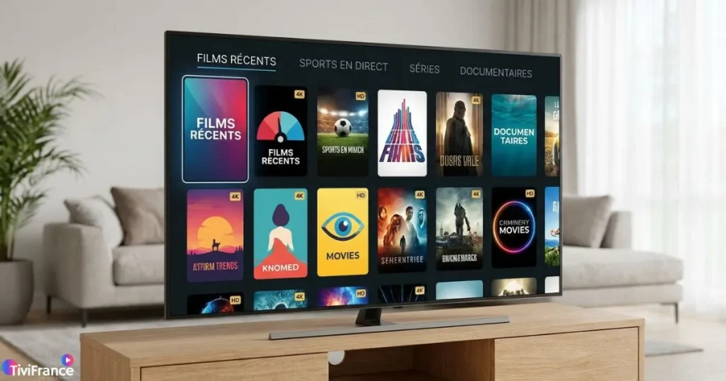 Interface IPTV premium affichant des chaînes en streaming 4K sur Smart TV