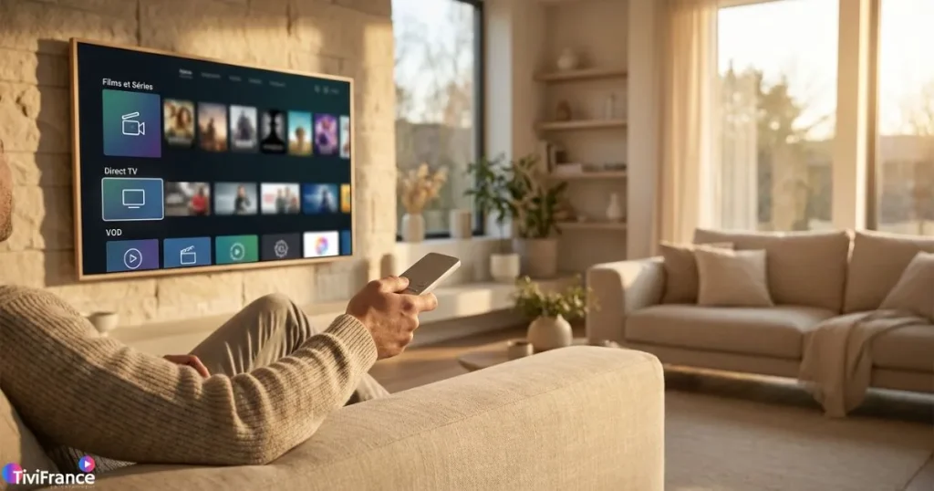 Navigation IPTV rapide sur Smart TV avec une télécommande et une interface de chaînes organisée.