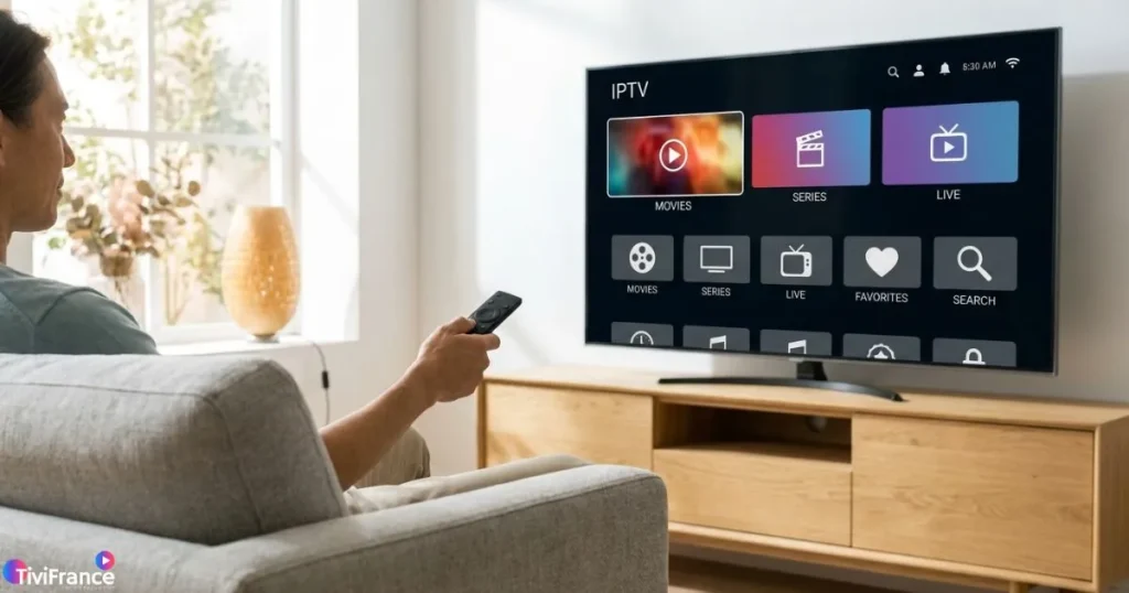 Navigation IPTV simplifiée avec une interface IPTV Android claire sur Smart TV.