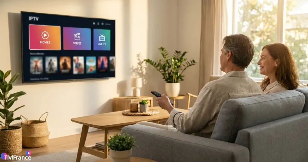 TV espagnole IPTV regardée en famille sur une Smart TV moderne.