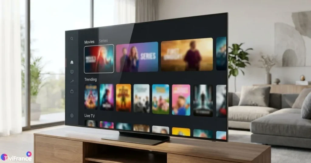 Interface d'une application IPTV gratuite sur Smart TV dans un salon moderne