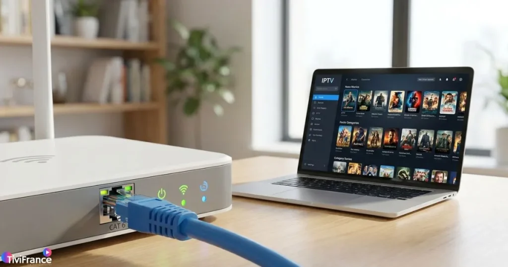 Câble Ethernet branché sur un routeur fibre pour un débit Internet IPTV optimal