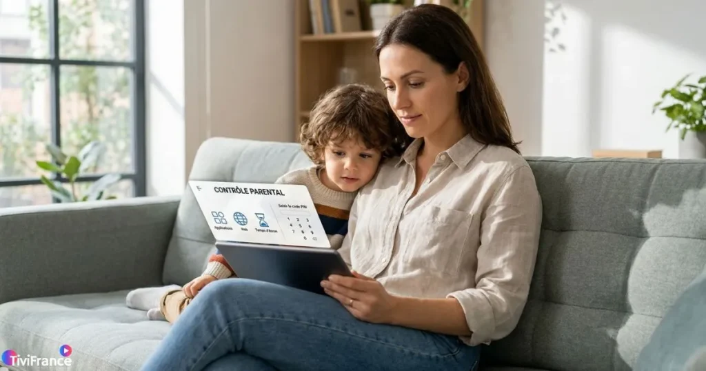 Parent configurant le contrôle parental IPTV sur une tablette avec son enfant