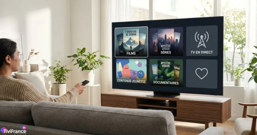 Catégories IPTV et favoris Smart IPTV visibles sur une interface TV moderne.