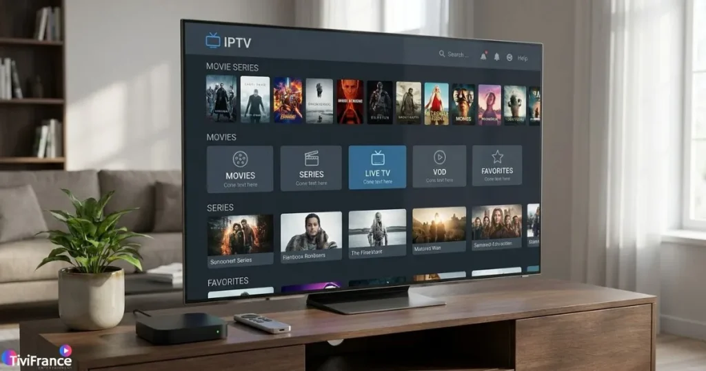 Application IPTV 4K affichée sur une Smart TV avec box de streaming