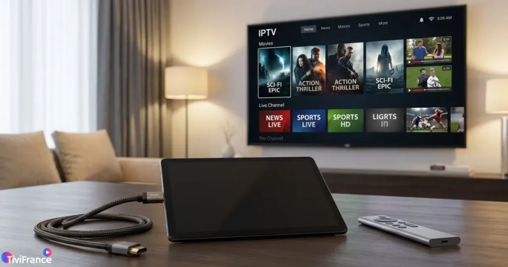 Android Box et télécommande connectées à une Smart TV 4K IPTV dans un salon
