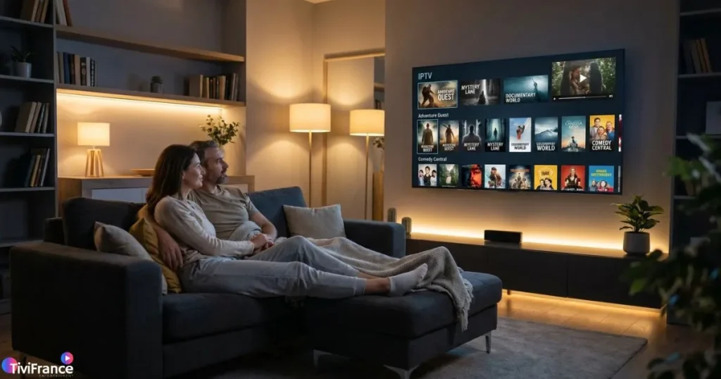 Famille regardant un contenu IPTV en streaming sur Smart TV depuis leur salon