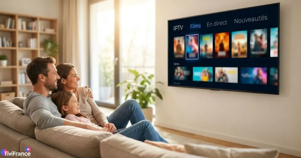 Abonnement IPTV fiable : famille profitant d'un streaming fluide sur Smart TV