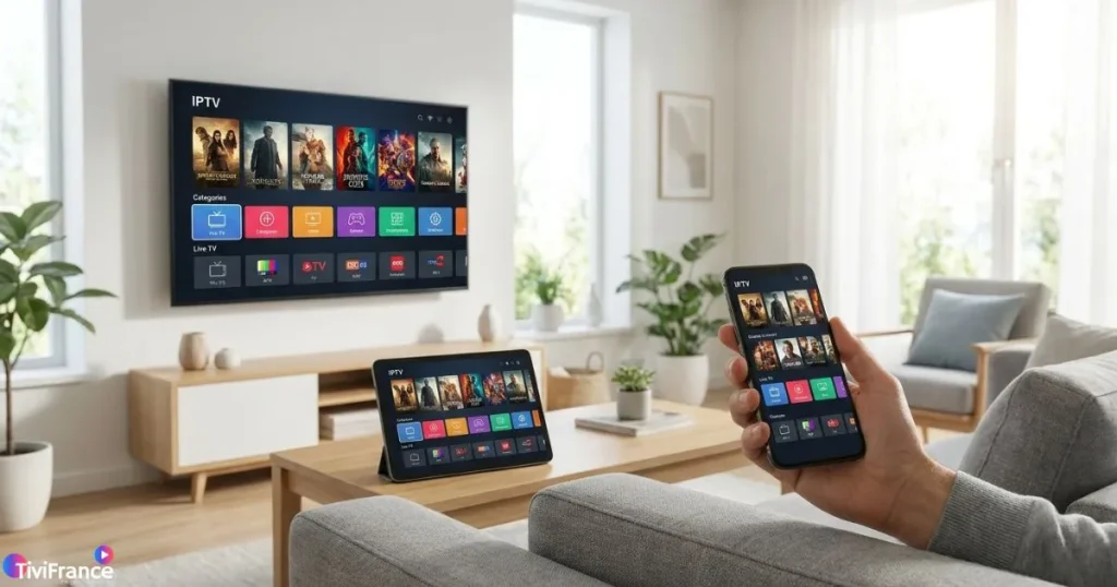 Abonnement Smart IPTV utilisé sur télévision, tablette et smartphone dans un salon moderne.