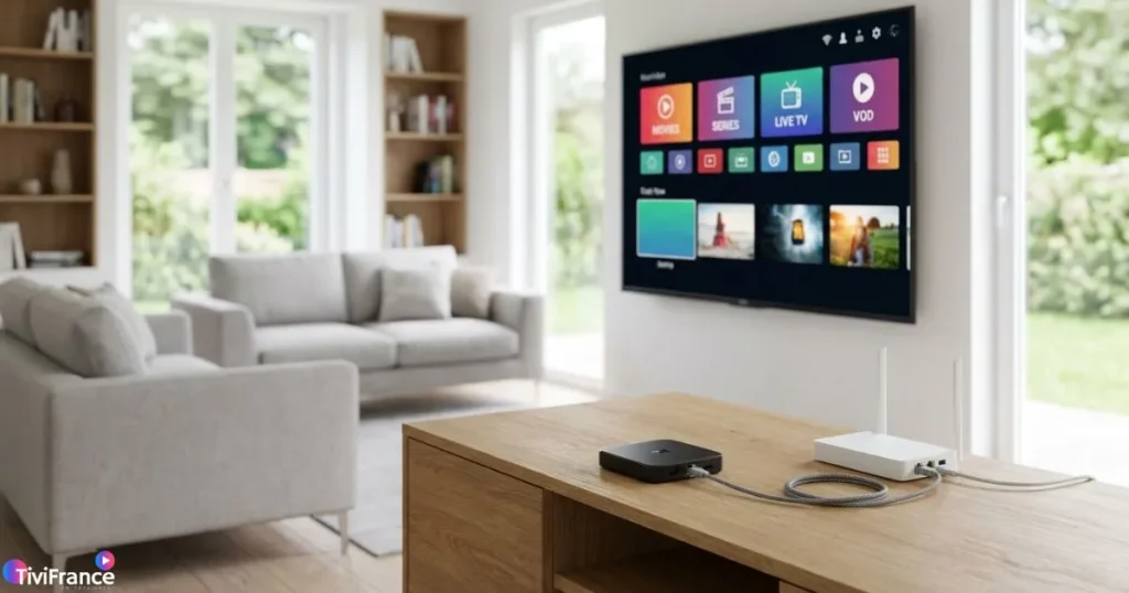 Lecteur IPTV Android fluide grâce à une box TV connectée en Ethernet.