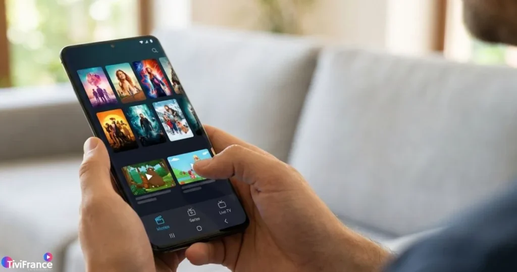IPTV smartphone interface HD sur téléphone Android moderne