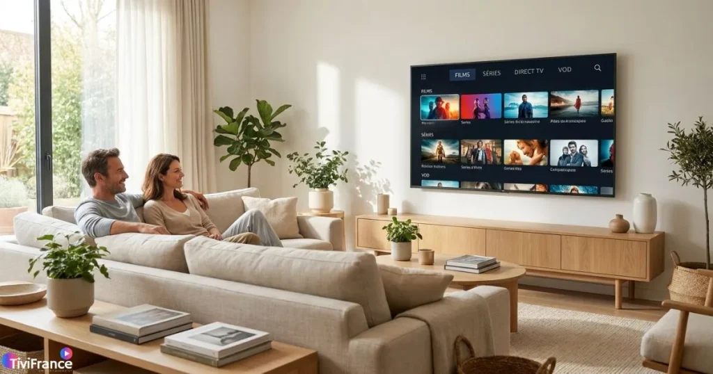 TV française en streaming sur une interface IPTV moderne dans un salon familial