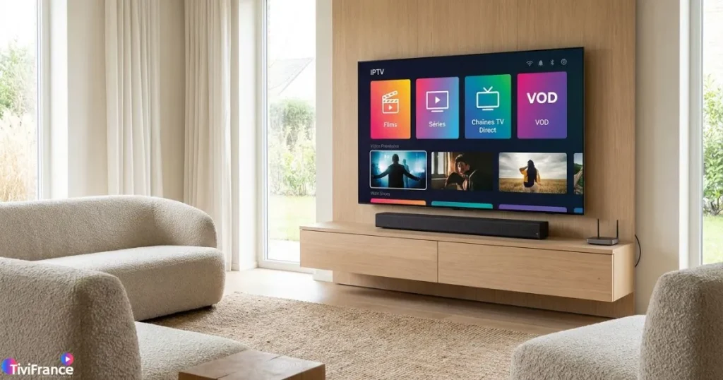 IPTV 4K sur grand écran avec interface de télévision française moderne