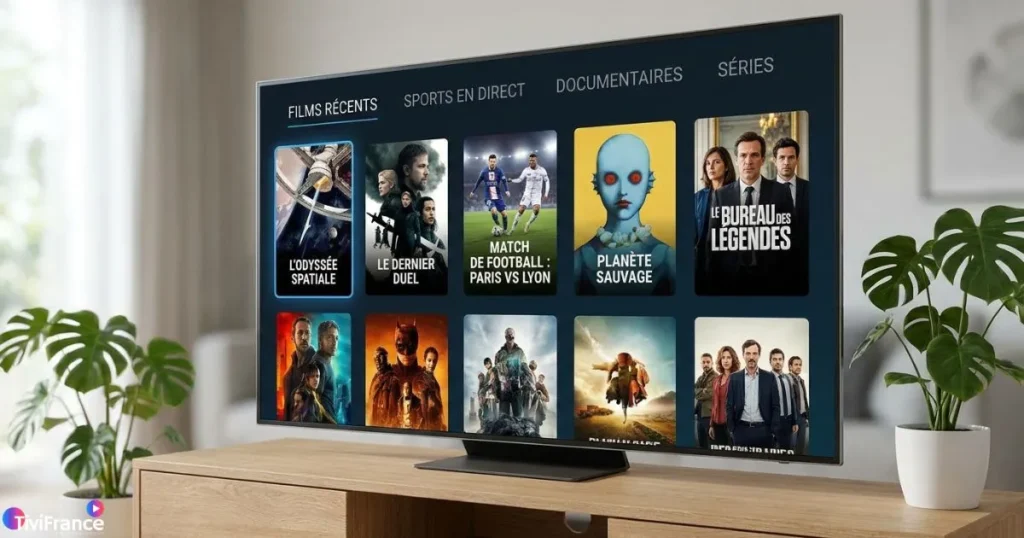 Interface IPTV organisée en groupes et catégories sur un écran de télévision