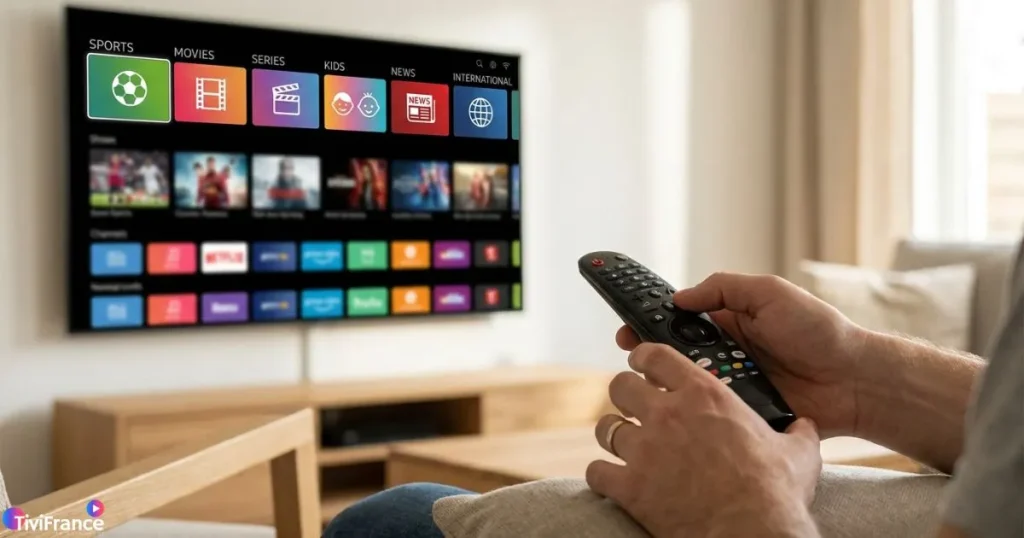 Catégories IPTV visibles sur une interface de lecteur IPTV moderne