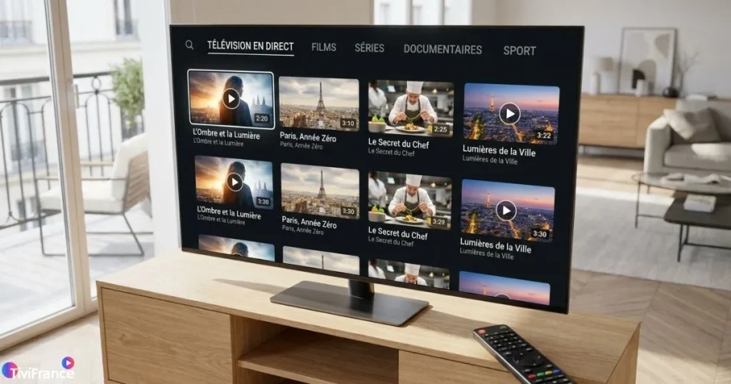 Application IPTV sur Smart TV dans un salon moderne