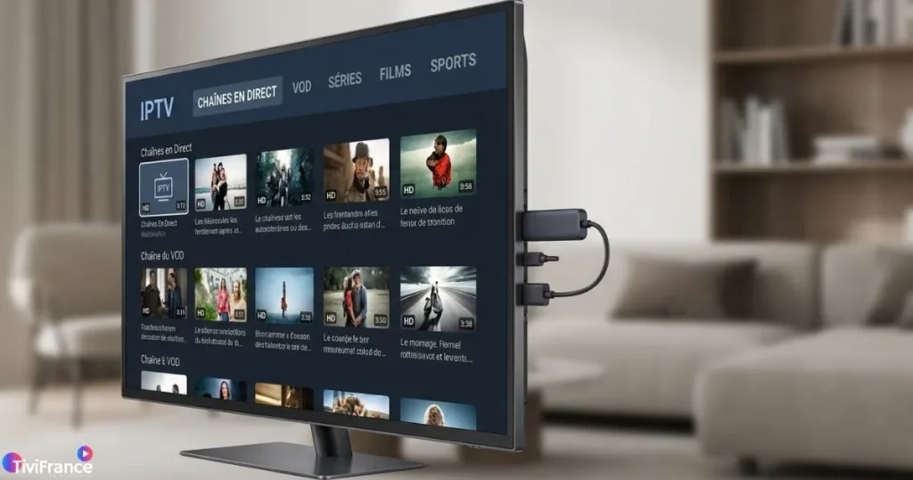 Lecteur IPTV Fire Stick branché sur une télévision 4K