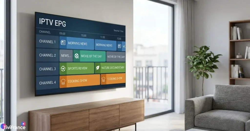 Guide TV EPG IPTV affiché sur écran avec grille de programmes par heure