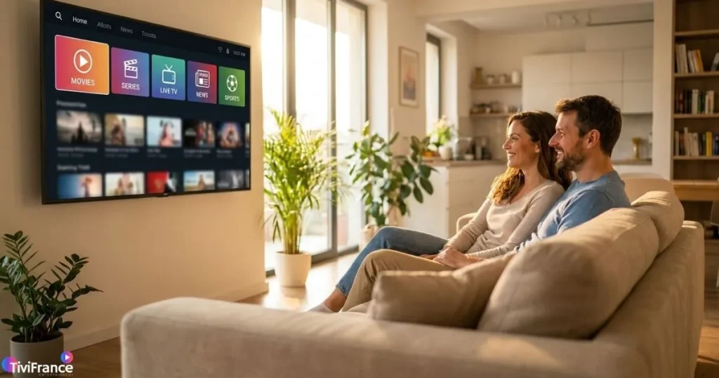 Abonnement IPTV sécurisé regardé en famille sur Smart TV dans un salon moderne