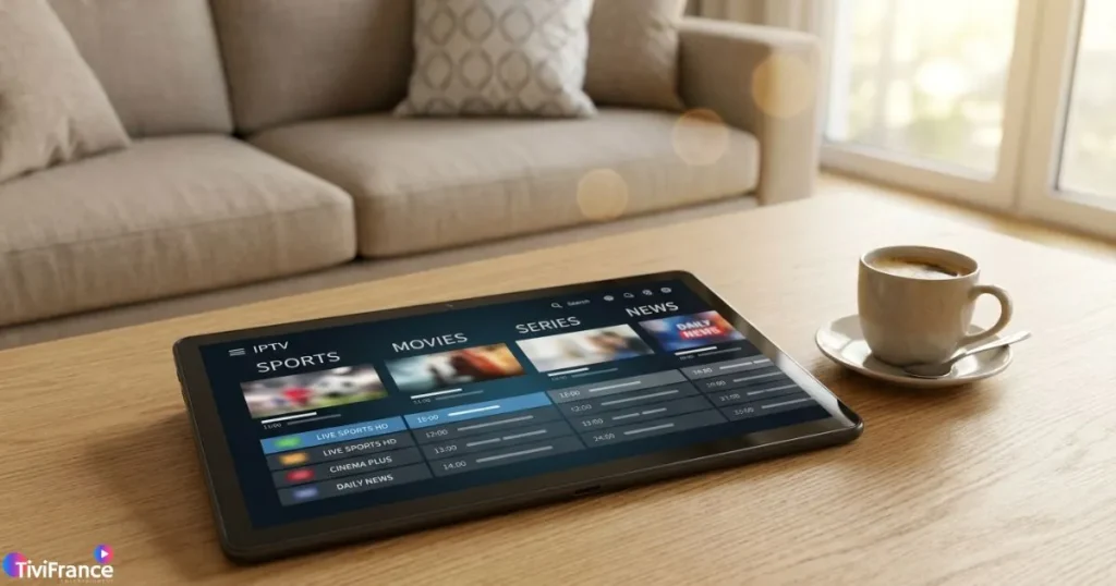 Interface d'une application IPTV Android sur tablette avec guide des programmes