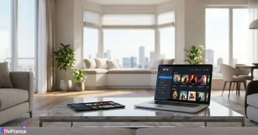 Comparaison offre IPTV vs câble sur plusieurs écrans dans un appartement moderne