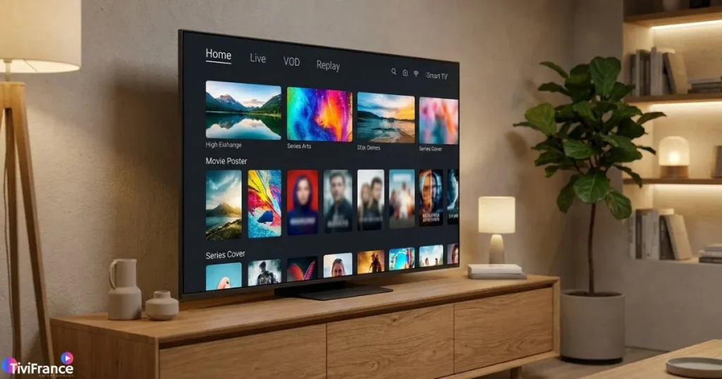Application IPTV Smart TV affichée sur grand écran dans un salon contemporain