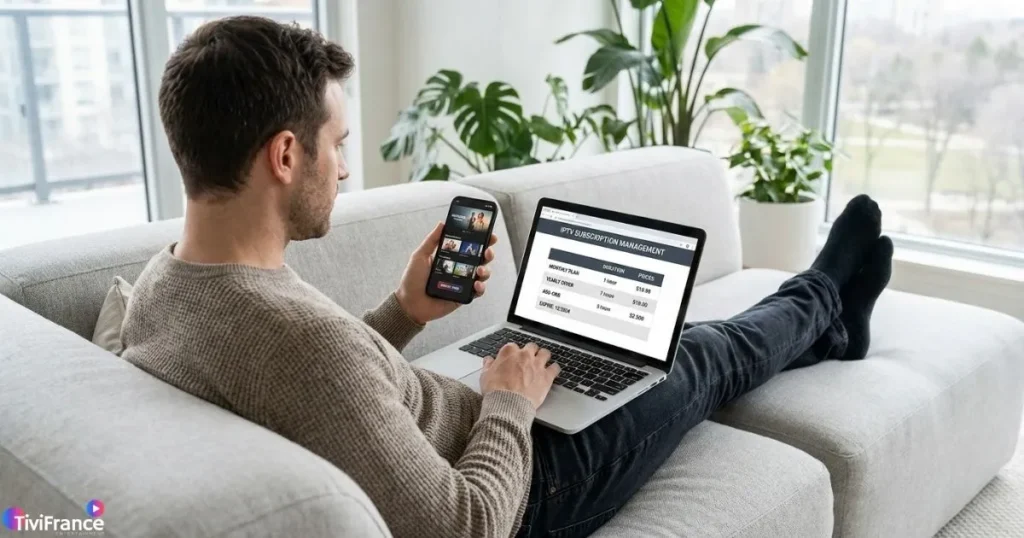 Homme consultant son abonnement IPTV sur smartphone et laptop depuis son canapé