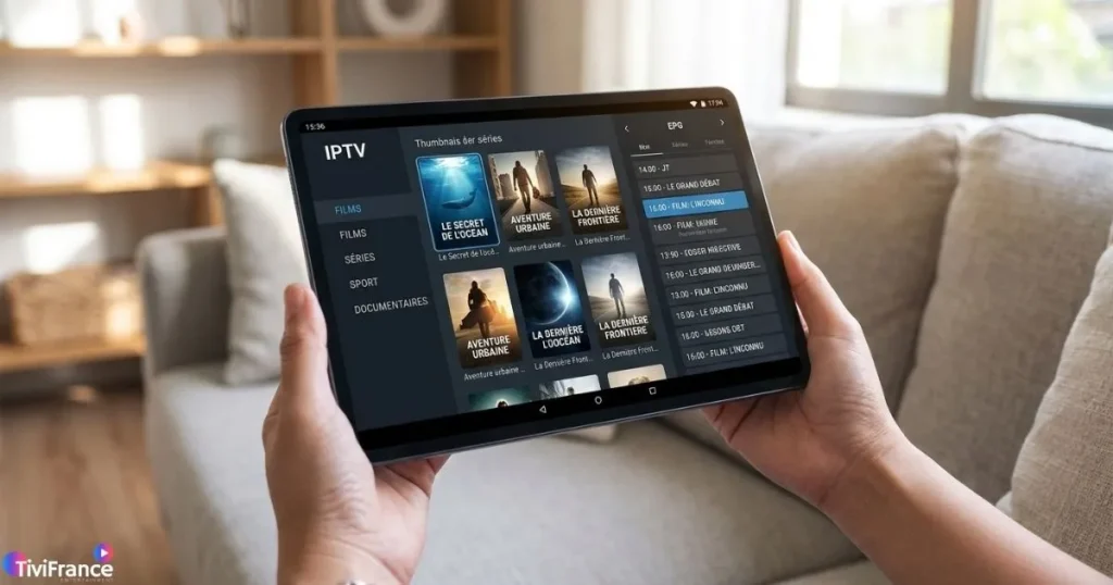Interface d'une application IPTV sur Android avec guide des programmes