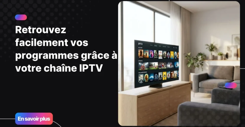 Interface chaîne IPTV affichée sur une Smart TV dans un salon moderne