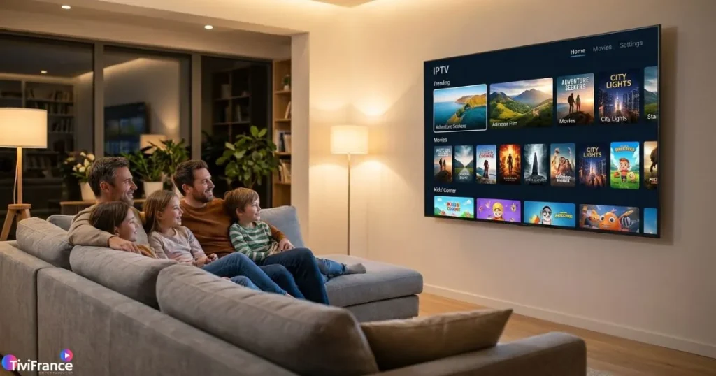 Famille regardant un abonnement IPTV sur Smart TV dans un salon confortable