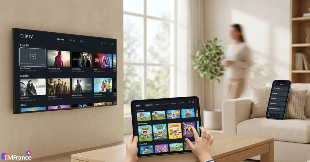 Abonnements IPTV familial utilisé simultanément sur plusieurs écrans dans une maison moderne