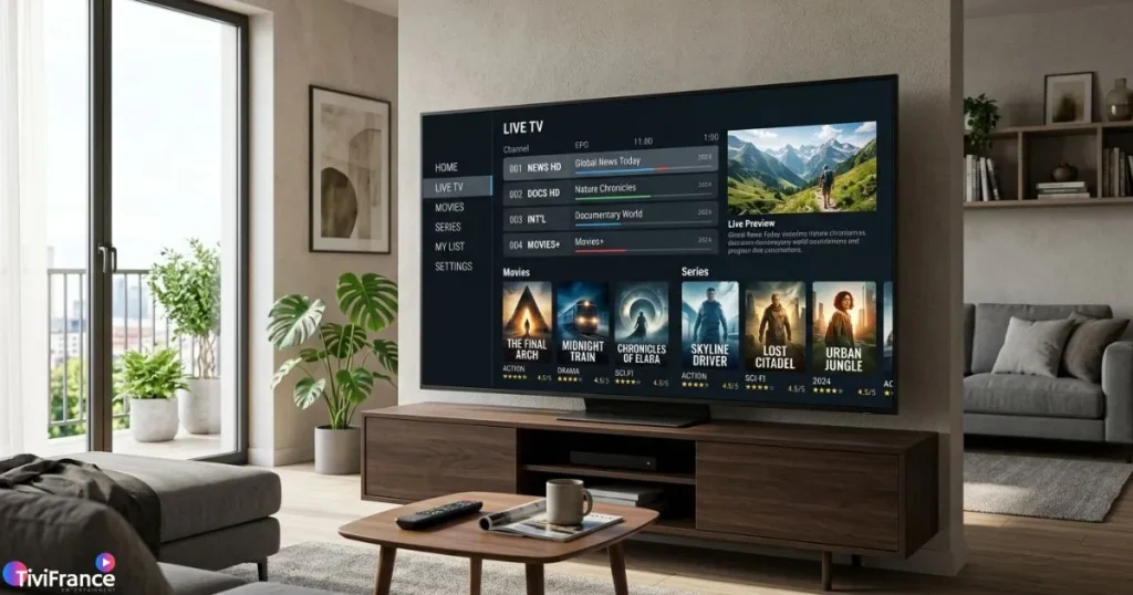 Lecteur IPTV affichant une interface de chaînes et de programmes