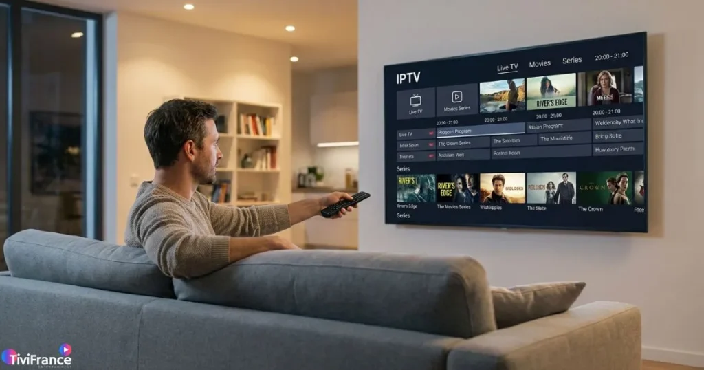 récepteur IPTV 4K en fonctionnement avec interface de guide de programmes EPG sur Smart TV