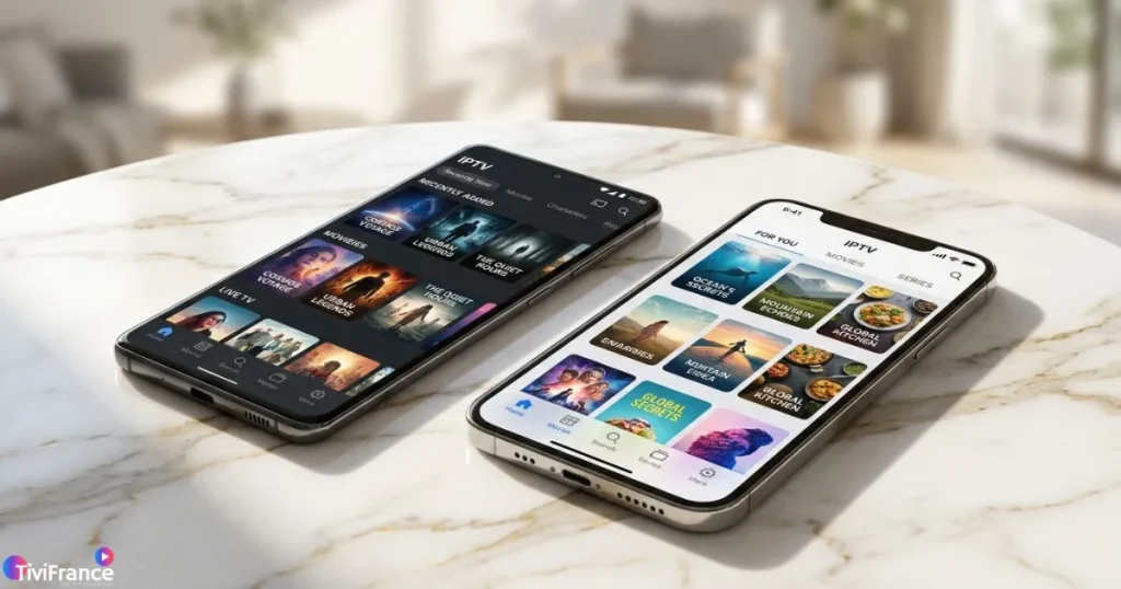 Application IPTV Android sur smartphone et iPhone côte à côte sur une table