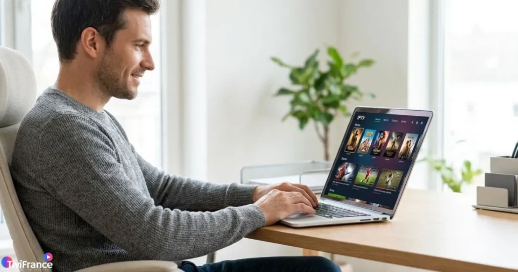 Homme consultant une offre IPTV sans engagement sur son ordinateur portable à la maison