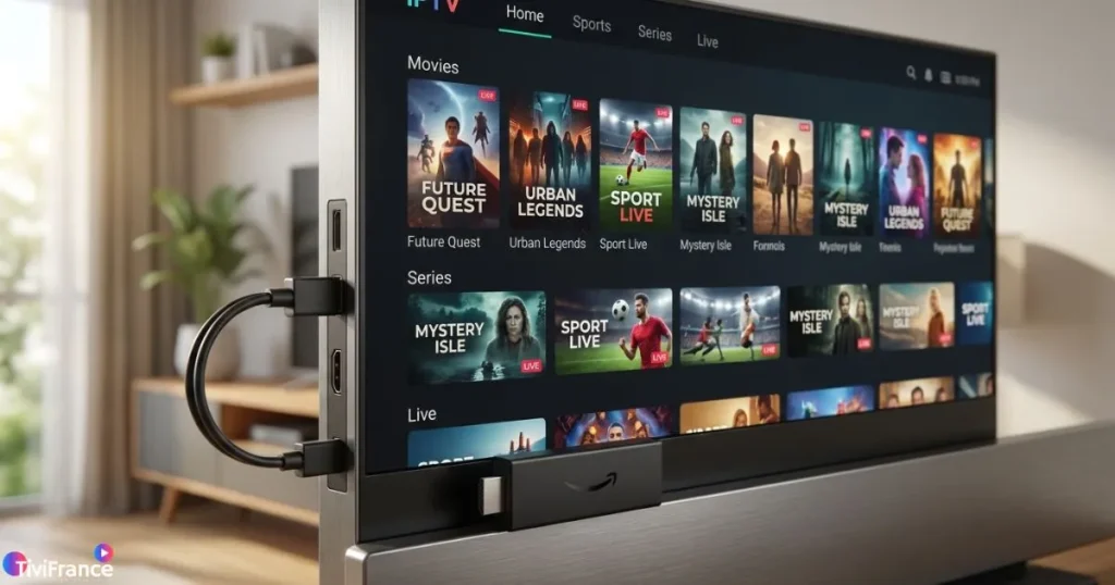 Lecteur IPTV Fire Stick branché sur TV avec interface de streaming générique