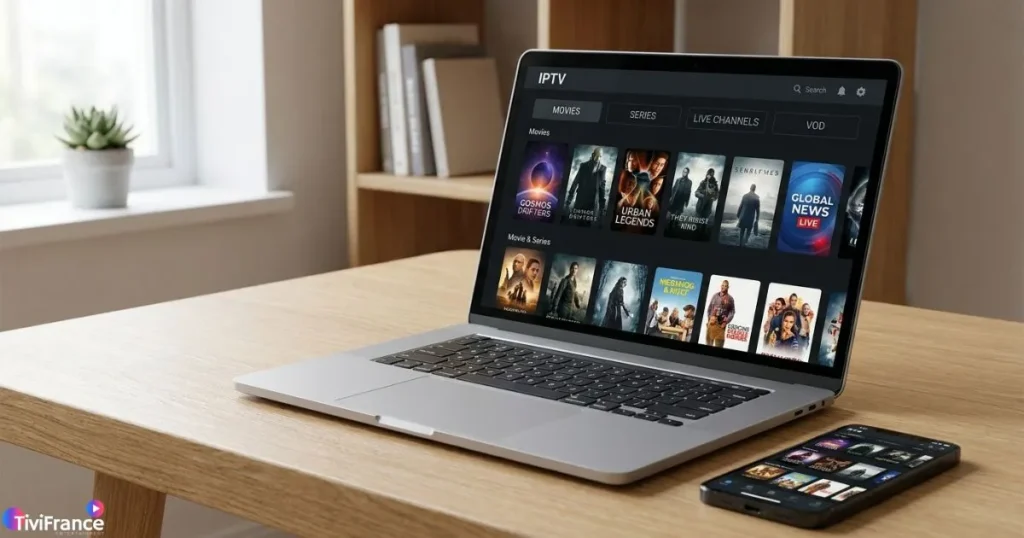 Ordinateur et smartphone affichant une interface IPTV moderne, exemple d’utilisation d’un lien M3U et des codes pour IPTV sur plusieurs appareils